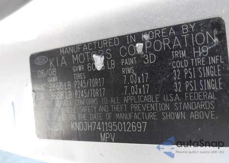 2009 Kia Borrego Lx V6 from USA, damaged, VIN KNDJH741195012697